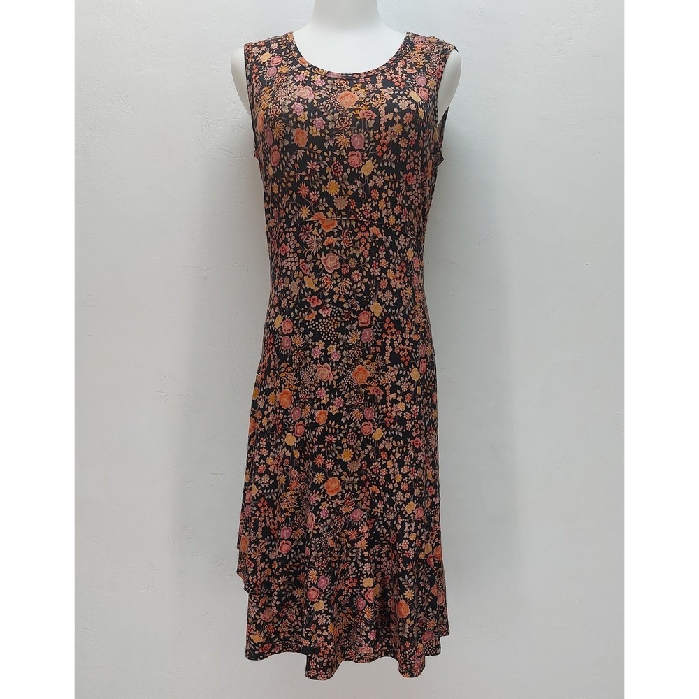 Peruvian Connection Midi Dress Women's Small Black Floral Handkerchief Hem Boho